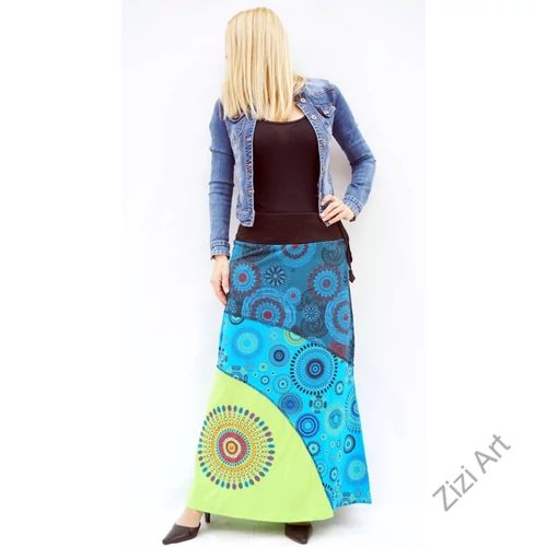 zöld, kiwi, kék, színes, mandalás, hosszú, A-vonalú, pamut, szoknya, női, divat, trend, extravagáns, hippi, bohém
