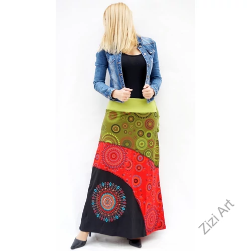piros, fekete, zöld, kiwi, színes, mandalás, hosszú, A-vonalú, pamut, szoknya, női, divat, trend, extravagáns, hippi, bohém