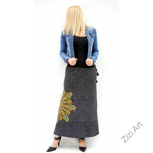 fekete, sárga, zöld, színes, mandalás, hosszú, A-vonalú, pamut, szoknya, női, divat, trend, extravagáns, hippi, bohém