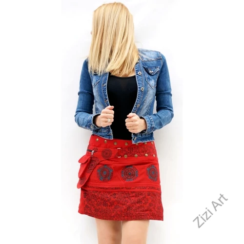 pamut, piros, virág, mandala, mintás, színes, mini, szoknya, hímzett, oldalzsebes, bohém, egyedi, extravagáns, női, divat, trend