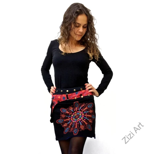 pamut, fekete, piros, zöld, kék, virág, mandala, mintás, színes, mini, szoknya, hímzett, oldalzsebes, bohém, egyedi, extravagáns, női, divat, trend