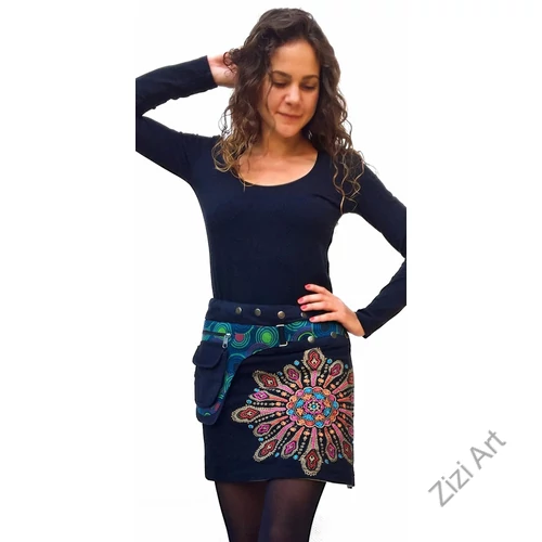 mini, szoknya, pamut, fekete, türkiz, zöld, kék, bézs, virág, mandala, hímzett, oldalzsebes, bohém, egyedi, extravagáns, női, divat, trend