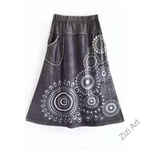 A-vonalú, pamut, hosszú, szoknya, zsebes, mandala, mintás, női, divat, extravagáns, egyedi, bohém, szürke, fehér