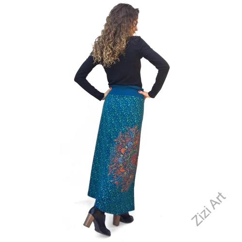 A-vonalú, pamut, hosszú, szoknya, türkiz, kiwizöld, színes, hímzett, mandala, mintás, bohém, Nepál