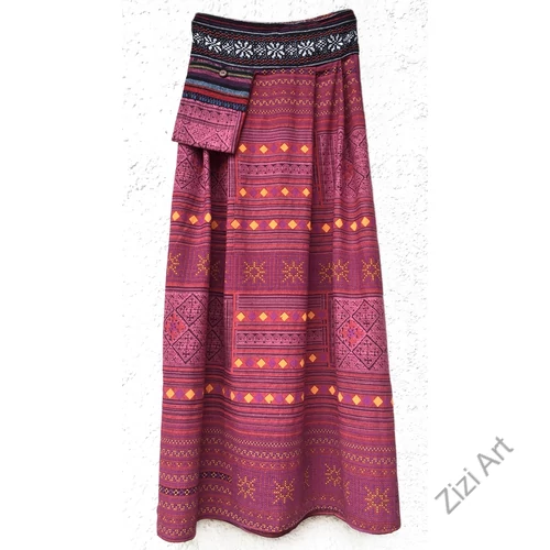 színes, etno, mintás, hosszú, A-vonalú, pamut, szoknya, zsebes, női, divat, trend, extravagáns, egyedi, bohém, fekete, türkiz, kék, zöld, bézs, bordó, narancs, sárga, lila