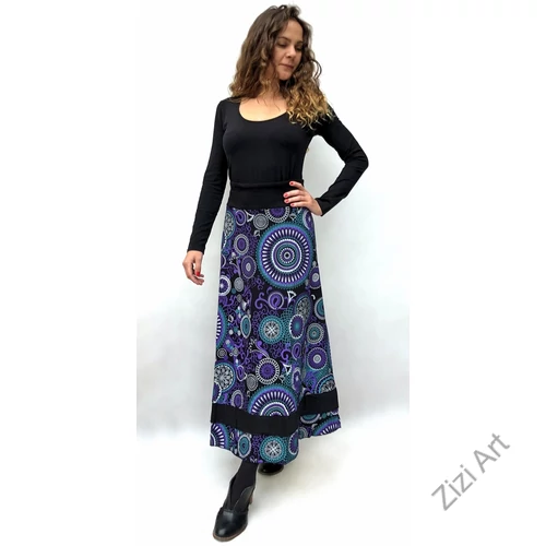 hosszú, A-vonalú, pamut, szoknya, mandala, mintás, lila, türkizzöld, fekete, női, divat, trend, bohém