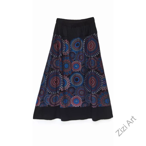 A-vonalú, pamut, hosszú, szoknya, zsebes, mandala, mintás, női, divat, extravagáns, egyedi, bohém, fekete, mályva, kék