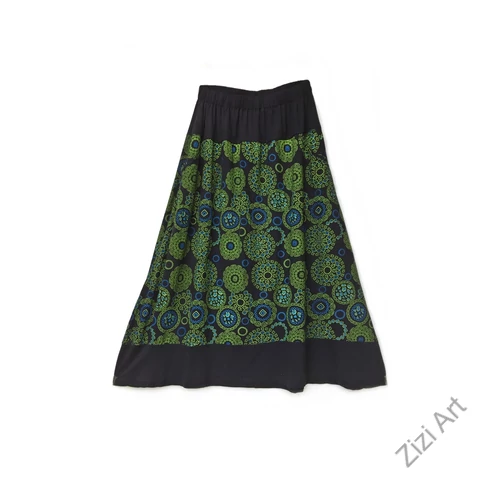 A-vonalú, pamut, hosszú, szoknya, zsebes, mandala, mintás, női, divat, extravagáns, egyedi, bohém, fekete, kiwi, zöld, kék