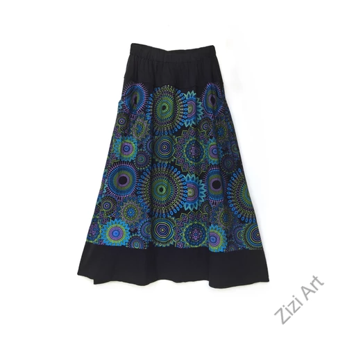 A-vonalú, pamut, hosszú, szoknya, zsebes, mandala, mintás, női, divat, extravagáns, egyedi, bohém, fekete, kiwi, lila, kék