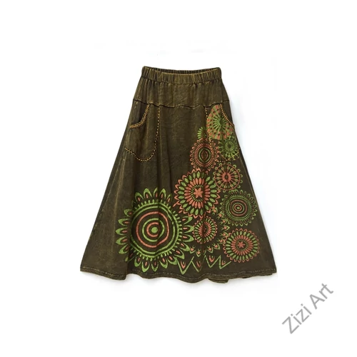 A-vonalú, pamut, hosszú, szoknya, zsebes, mandala, mintás, női, divat, extravagáns, egyedi, bohém, keki, zöld, narancs