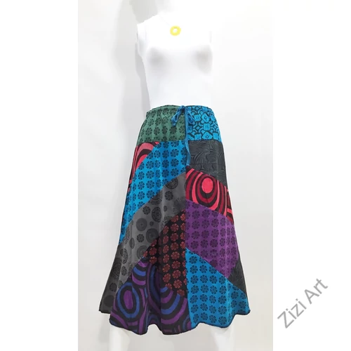 szoknya, midi, A-vonalú, pamut, kék, zöld, szürke, lila, piros, színes, patchwork, hosszú, női, divat, trend, extravagáns, hippi, bohém