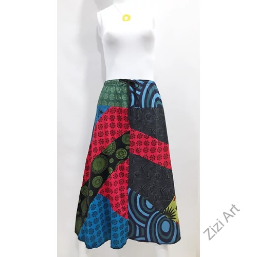piros, fekete, kék, zöld, színes, patchwork, hosszú, midi, A-vonalú, pamut, szoknya, női, divat, trend, extravagáns, hippi, bohém