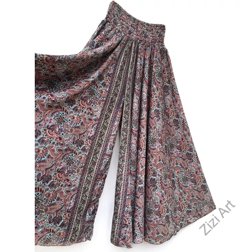 bőszárú, viszkóz, nadrág, szoknya, barna, bronz, azúr, színes, levél, virág, mintás, lezser, szellős, női, divat, trend, bohém, extravagáns