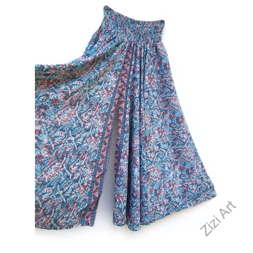 bőszárú, viszkóz, nadrág, szoknya, kék, lazac, színes, levél, mintás, lezser, szellős, női, divat, trend, bohém, extravagáns