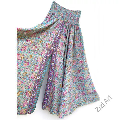 bőszárú, viszkóz, nadrág, szoknya, kék, pink, okker, színes, levél, mintás, lezser, szellős, női, divat, trend, bohém, extravagáns