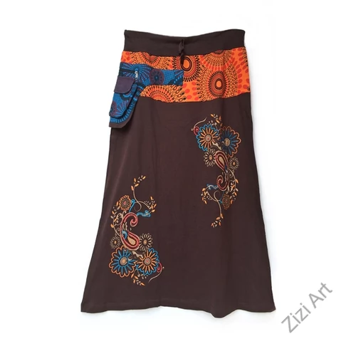 színes, virág, mandala, mintás, hosszú, A-vonalú, pamut, szoknya, kék, barna, piros, türkiz, bordó, női, divat, trend, extravagáns, egyedi, bohém