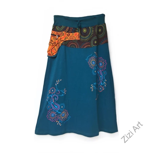 színes, virág, mandala, mintás, hosszú, A-vonalú, pamut, szoknya, kék, barna, piros, türkiz, bordó, női, divat, trend, extravagáns, egyedi, bohém