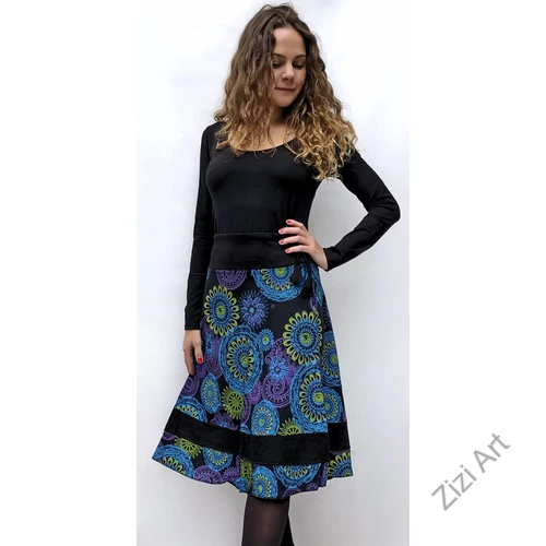 A-vonalú, pamut, térdszoknya, mandala, mintás, lila, kék, fekete, női, divat, trend, bohém
