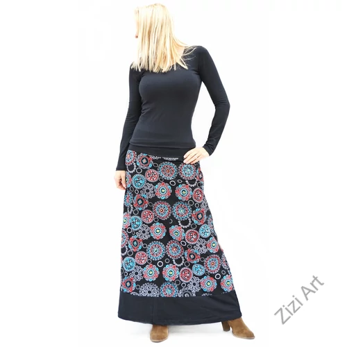 színes, fekete, kék, piros, hímzett, mandalás, hosszú, A-vonalú, pamut, szoknya, női, divat, trend, extravagáns, hippi, bohém, Nepál