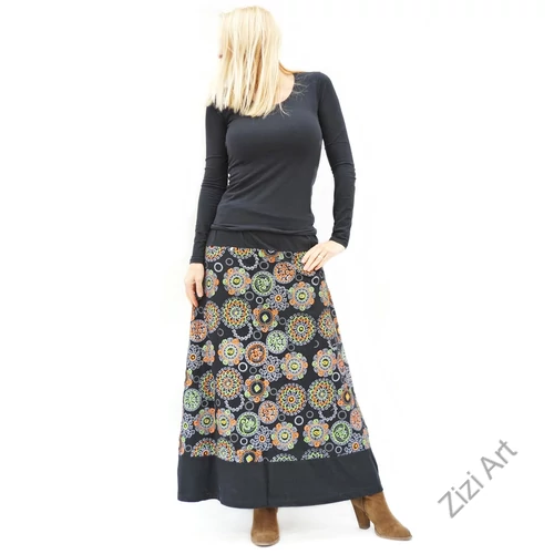 színes, fekete, zöld, narancs, sárga, kék, piros, hímzett, mandalás, hosszú, A-vonalú, pamut, szoknya, női, divat, trend, extravagáns, hippi, bohém, Nepál