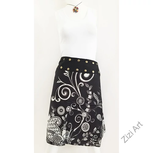 női, térd, szoknya, fekete, fehér, szürke, kék, kiwi, zöld, piros, színes, virágos, csipke, mandala, kétoldalas, női, szoknya, trend, divat, egyedi, bohém, extravagáns, egzotikus, pamut, vászon, Nepál