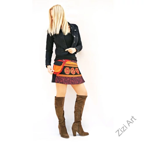 kord, mini, szoknya, élénk, fekete, narancssárga, piros, színes, hímzett, mandala, oldalzsebes, bohém, egyedi, extravagáns, női, divat, trend, hippie, nepáli, pamut