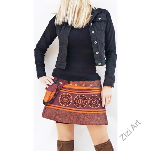 kord, mini, szoknya, élénk, barna,  rozsda, színes, hímzett, mandala, oldalzsebes, bohém, egyedi, extravagáns, női, divat, trend, hippie, nepáli, pamut
