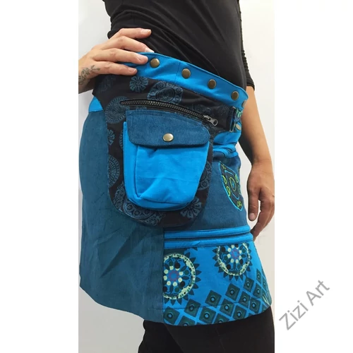 kord, mini, szoknya, élénk, lila, kék, színes, hímzett, mandala, oldalzsebes, bohém, egyedi, extravagáns, női, divat, trend, hippie, nepáli, pamut