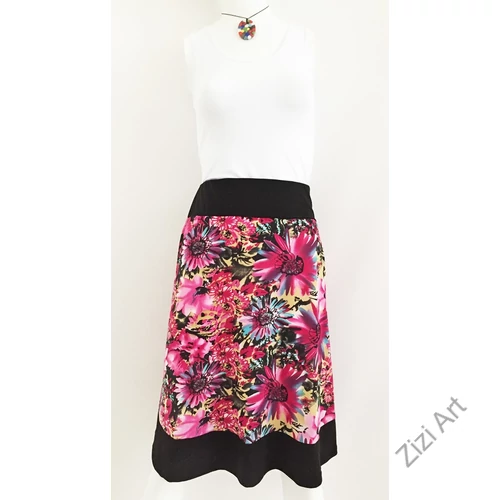 pink, fekete, virágszirmos, virágos, nyári, tavaszi, őszi, midi, szoknya, elasztikus, trend, női, divat, webshop