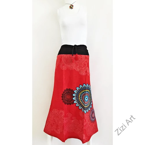 mandala, pamut, piros, hosszú, szoknya, női divat, trend, egzotikus, egyedi, különleges, elegáns, hosszú