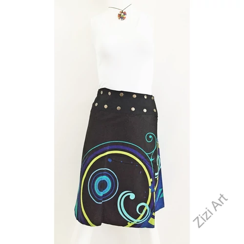 női, térd, szoknya, fekete, kék, zöld, lila, azúr, türkiz, színes, kör, mandala, kétoldalas, női, szoknya, trend, divat, egyedi, bohém, extravagáns, egzotikus, pamut, vászon, Nepál