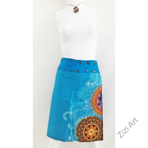 női, térd, szoknya, kék, kiwi, zöld, színes, virágos, csipke, mandala, kétoldalas, női, szoknya, trend, divat, egyedi, bohém, extravagáns, egzotikus, pamut, vászon, Nepál