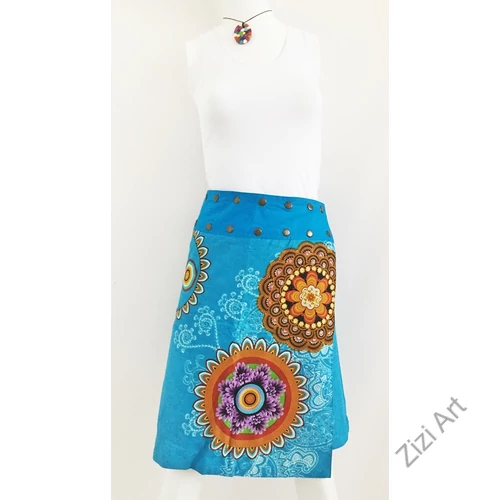 női, térd, szoknya, kék, türkiz, zöld, színes, virágos, csipke, mandala, kétoldalas, női, szoknya, trend, divat, egyedi, bohém, extravagáns, egzotikus, pamut, vászon, Nepál