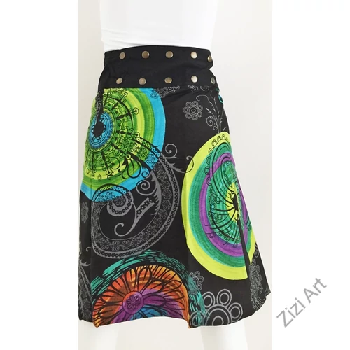 női, térd, szoknya, fekete, kék, zöld, lila, azúr, türkiz, színes, kör, mandala, kétoldalas, női, szoknya, trend, divat, egyedi, bohém, extravagáns, egzotikus, pamut, vászon, Nepál