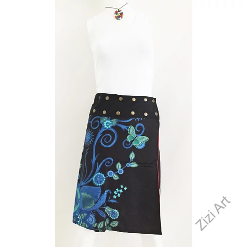 női, térd, szoknya, fekete, piros, kék, zöld, színes, virágos, mandala, mintás, kétoldalas, női, szoknya, trend, divat, egyedi, bohém, extravagáns, egzotikus, pamut, vászon, Nepál