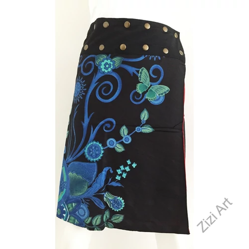 női, térd, szoknya, fekete, kék, türkiz, piros, narancs, virágos, mandala, kétoldalas, női, szoknya, trend, divat, egyedi, bohém, extravagáns, egzotikus, pamut, vászon, Nepál