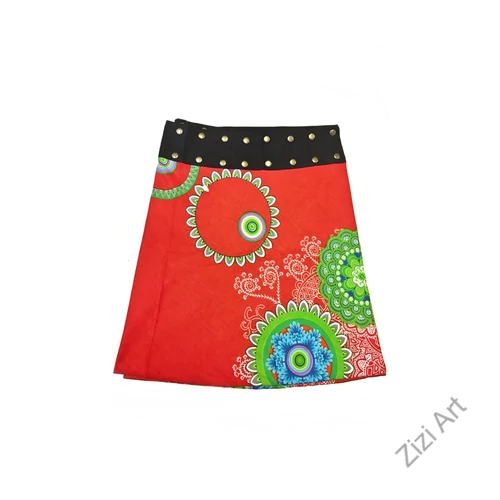 női, térd, szoknya, piros, fekete, kék, türkiz, narancs, virágos, mandala, kétoldalas, női, szoknya, trend, divat, egyedi, bohém, extravagáns, egzotikus, pamut, vászon, Nepál
