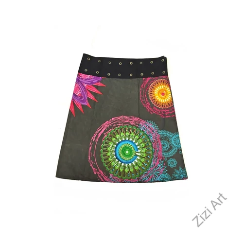női, térd, szoknya, fekete, kék, türkiz, szürke, narancs, virágos, mandala, kétoldalas, női, szoknya, trend, divat, egyedi, bohém, extravagáns, egzotikus, pamut, vászon, Nepál