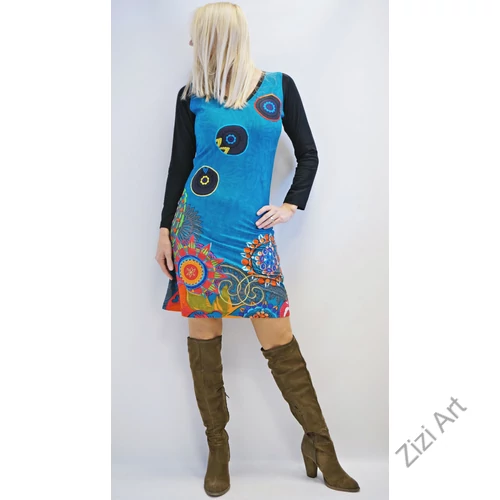 fekete, türkiz, virág, hímzett, piros, hosszú ujjú, tunika, felső, pamut, Nepál, ruha, inda, mandala, egzotikus, egyedi, vidám, élénk, különleges, 