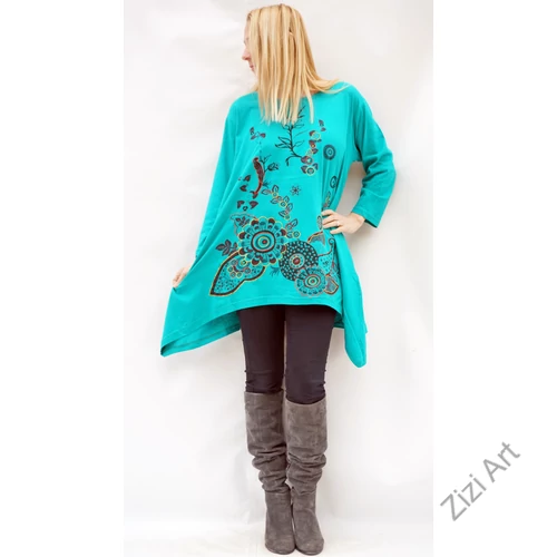 türkiz zöld, fekete, bordó, piros, sárga, színes virágos, hosszú ujjú, pamut, tunika, bő, ruha, felső, A-vonalú, Nepál, egzotikus, egyedi, vidám, élénk, különleges, női, divat, bohém, trend