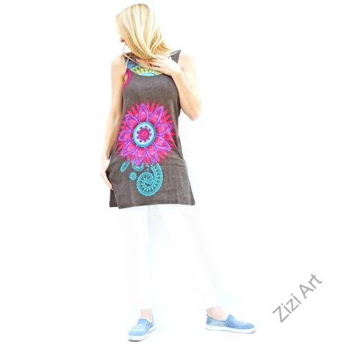 szürke, színes, hímzett, virágszirmos, mintás, ujjatlan, pamut, ruha, tunika, felső, női, divat, ruházat, trend, Nepál, egzotikus, egyedi, különleges, bohém, extravagáns, elegáns