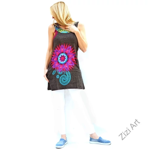 szürke, színes, hímzett, virágszirmos, mintás, ujjatlan, pamut, ruha, tunika, felső, női, divat, ruházat, trend, Nepál, egzotikus, egyedi, különleges, bohém, extravagáns, elegáns