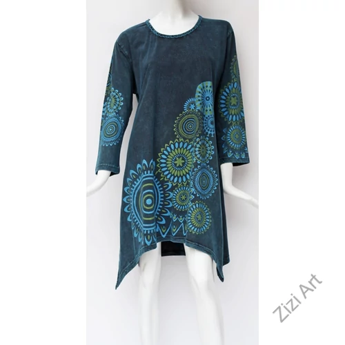 pamut, tunika, bő, ruha, felső, kék, zöld, színes, hosszú ujjú, A-vonalú, Nepál, mandala, kör, virág, egzotikus, egyedi, különleges, női, divat, bohém, trend