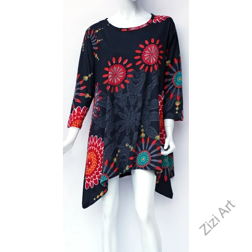 pamut, tunika, bő, ruha, felső, fekete, színes, piros, narancs, zöld, hosszú ujjú, A-vonalú, Nepál, mandala, kör, virág, egzotikus, egyedi, különleges, női, divat, bohém, trend