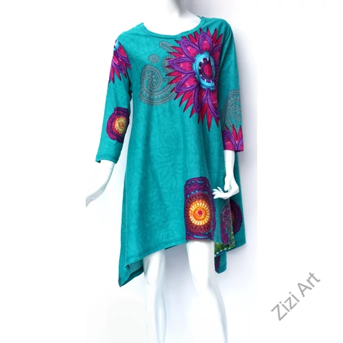 zöld, türkiz, hosszú ujjú, pamut, tunika, bő, ruha, felső, A-vonalú, Nepál, mandala, kör, virág, egzotikus, egyedi, vidám, élénk, különleges, női, divat, bohém, trend, színes