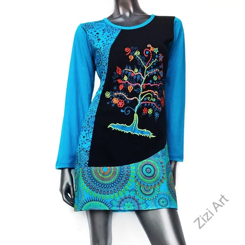 pamut, ruha, tunika, életfa, mandala, mintás, kék, türkiz, fekete, színes, hosszú ujjú, Nepál, egyedi, különleges, bohém, női, divat