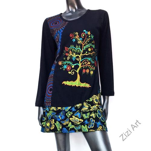 pamut, ruha, tunika, életfa, mandala, mintás, kék, türkiz, fekete, színes, hosszú ujjú, Nepál, egyedi, különleges, bohém, női, divat