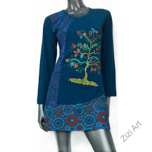 pamut, ruha, tunika, életfa, mandala, mintás, kék, türkiz, fekete, színes, hosszú ujjú, Nepál, egyedi, különleges, bohém, női, divat