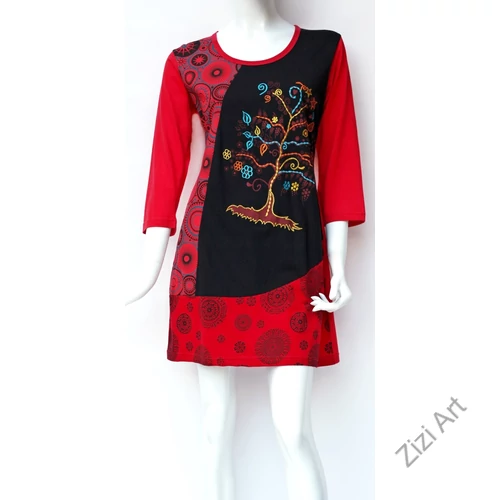 kék, türkiz, zöld, piros, fekete, színes, életfa, mandala, mintás, háromnegyed ujjú, pamut, tunika, ruha, Nepál, egzotikus, egyedi, vidám, elegáns, különleges, női, divat, bohém, trend