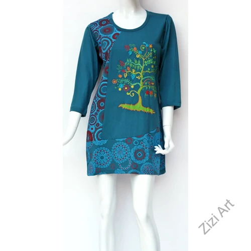 kék, türkiz, zöld, piros, fekete, színes, életfa, mandala, mintás, háromnegyed ujjú, pamut, tunika, ruha, Nepál, egzotikus, egyedi, vidám, elegáns, különleges, női, divat, bohém, trend